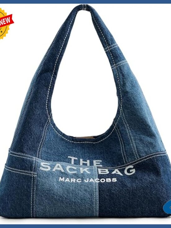Handbags - Medium Denim Shoulder Bag with Magnetic Closure, Rectangular Shape